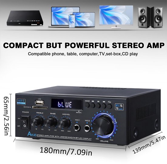 HiFi Versterker,Mini Bluetooth Stereo Audiovisuele Ontvanger,AK45 12V/220V 400W 2-kanaal Digitale Eindversterker Geluidsversterker w/FM Radio,SD/USB Card Input,voor Thuis of Auto