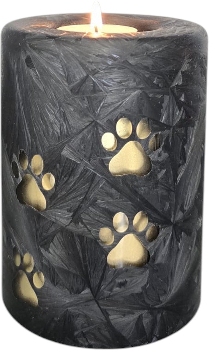 Terroso - Mini urn huisdier - Glazen urn met kaars - Pootafdruk - Voor hond, kat of ander huisdier - Zwart - 400 ml - Handgemaakte dierenurn