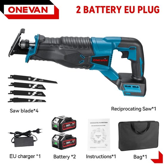 ONEVAN Reciprozaag, accu, 41 mm hefhoogte, 3000 tpm, reciprozaag, elektrische tijgerzaag voor metaal, hout, pvc, met 4 zaagbladen (geen accu