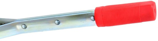 Grijze metalen hefboom met rode geribbelde grip.