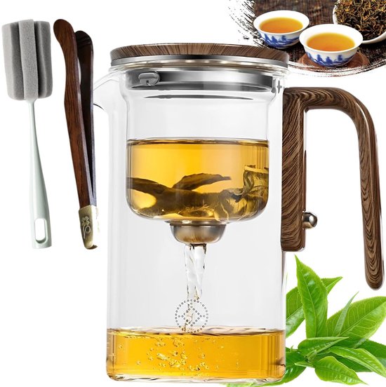 Waterscheiding glazen theepot met houten handvat, glas met Infuser Press Control Tea Pot, glazen theepot, voor gebruik en losse bladthee (500ml / 17.6oz) (500ML