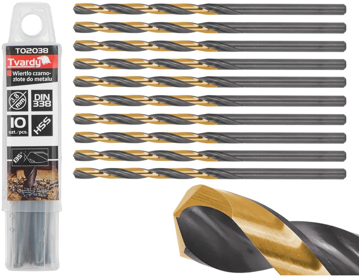 Tvardy Metaalboor - HSS 3,80 mm - TiN Coating - Zwart & Goud - Slijphoek 135° - 10 stuks