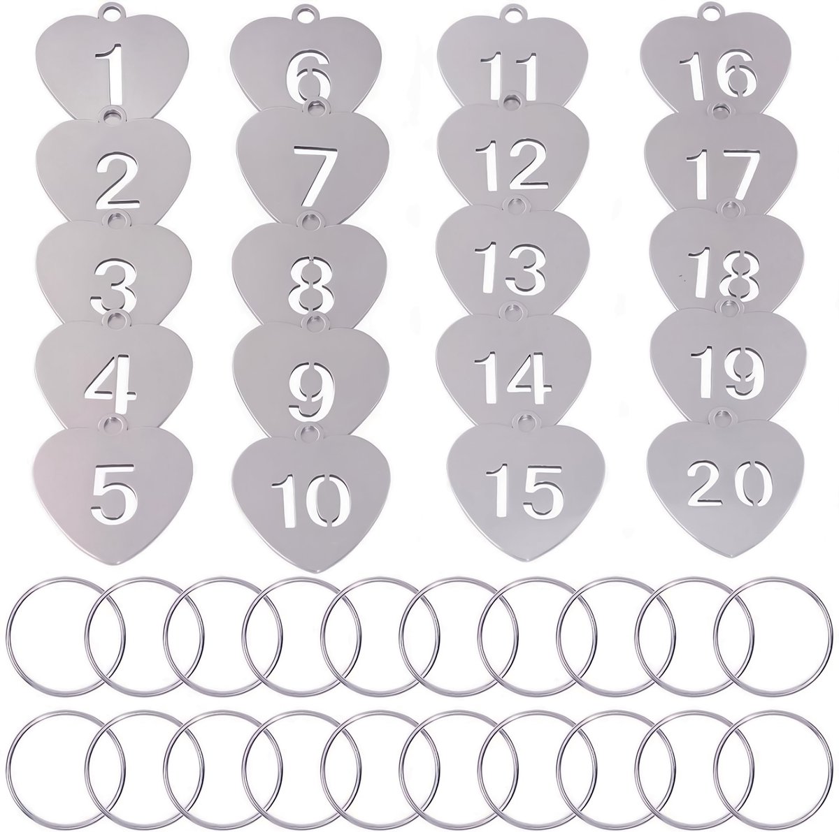 20 RVS Hartvormige Sleutellabels met 20 Sleutelringen - Gegraveerd 1 tem 20 Sleutelhangers Tags voor Volwassenen - Sleutelring - Sleutels Onderscheider - Labels met Ring - Keychain Sleutelhouder Sleutelrekje - Bagagelabel - Key Sleutelclip