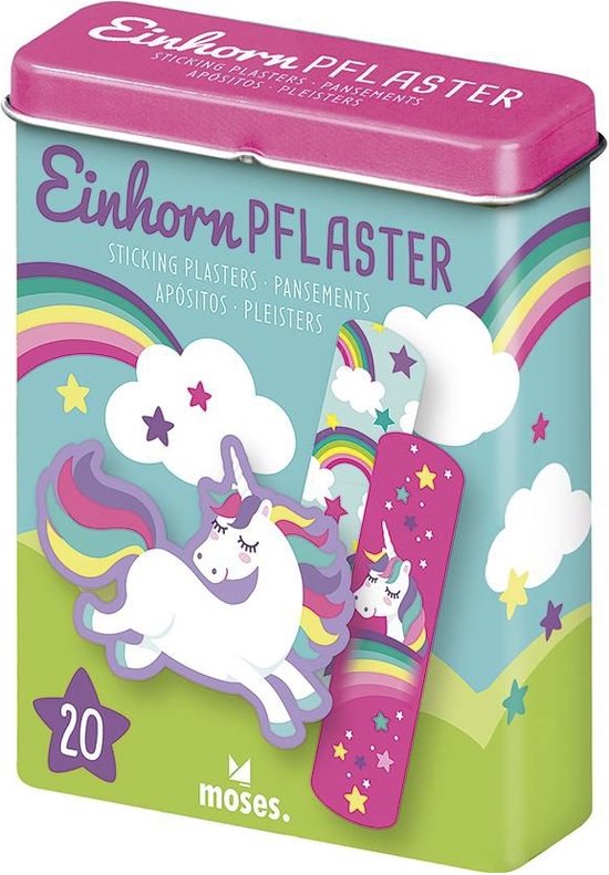 Blikken doos met eenhoorn en regenboogprint. 'Einhorn Pflaster' tekst en '20' op de voorkant.