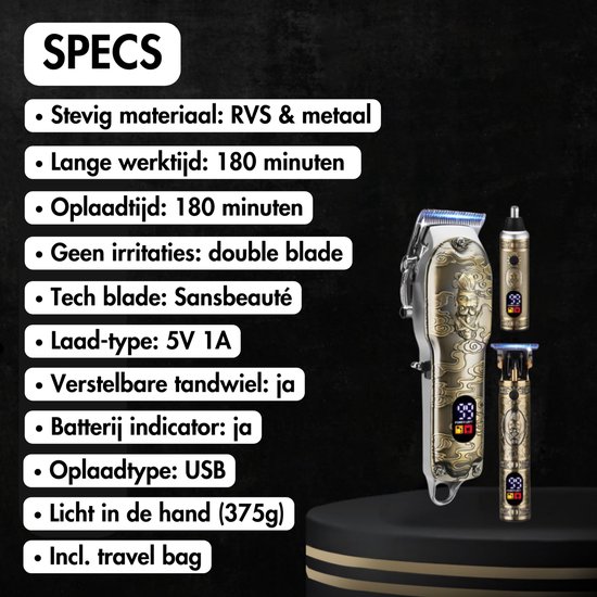 Specificaties Sansbeauté tondeuses: metaal, 180 min werktijd, USB, geen irritaties, 7000RPM motor, lichtgewicht.