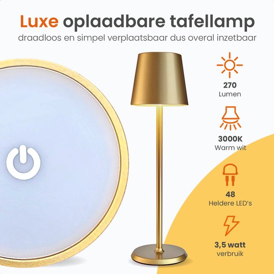 Goliving Lampe de Table Rechargeable – Sans Fil et dimmable – Lampe Tactile Moderne – Lampe de Nuit Chambre – 38 cm – Or
