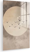 MuchoWow® Tableau en verre 40x60 cm - Tableau en verre acrylique - Oiseau - Beige - Japandi - Photo sur verre - Décoration murale salon - Décoration murale chambre - Tableaux