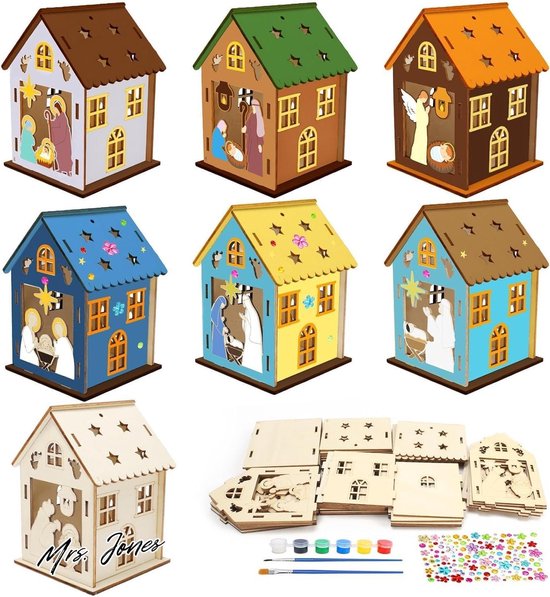 MONCAP 5 stuks kersthuis knutselen kinderen Kerstmis knutselset hout Kerstmis huis creatieve sets Kerstmis decoratie knutselset met 2 penselen voor Kerstmis cadeau winter creatief DIY jongens meisjes
