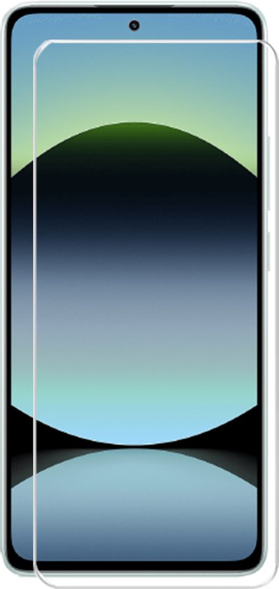 Een screenprotector met een glazen scherm en een reflecterende achtergrond met een horizon.