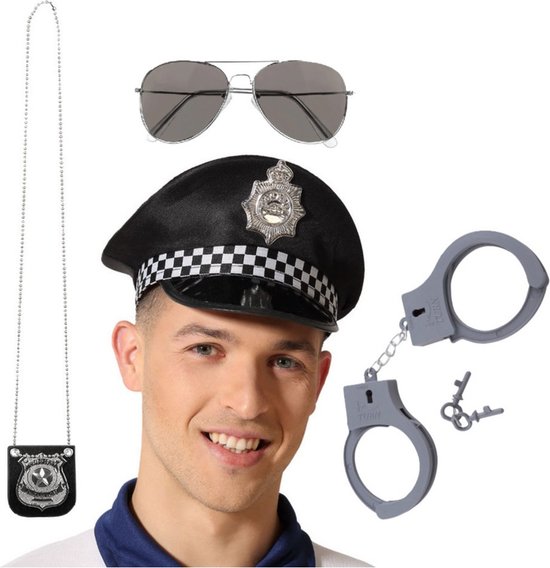 Politie agent verkleed accessoires set - 4 delig - volwassenen - politiepet - handboeien - badge - zonnebril