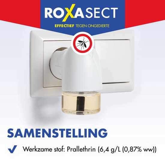 ROXASECT samenstelling: werkzame stof Prallethrin 6,4 g/L in een stekker voor stopcontact.