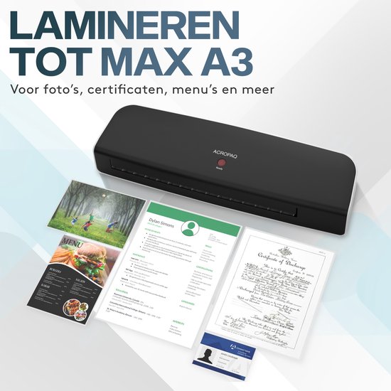 ACROPAQ lamineerapparaat met voorbeelden van een menu, CV, certificaat en visitekaartje.