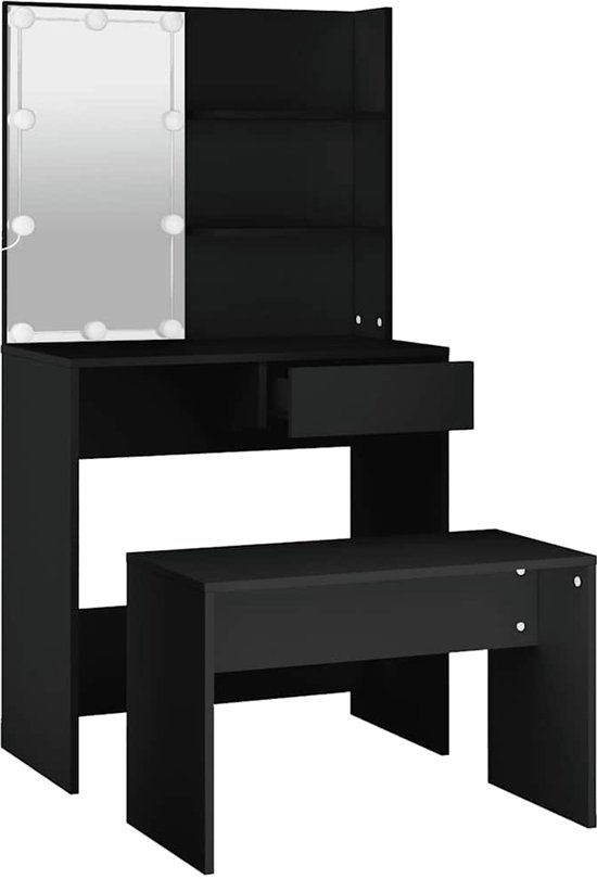 vidaXL Kaptafelset met LED-verlichting - Zwart Kaptafel - Make-up Tafel - Dressing Table - Led Verlichting - Badkamer Meubel