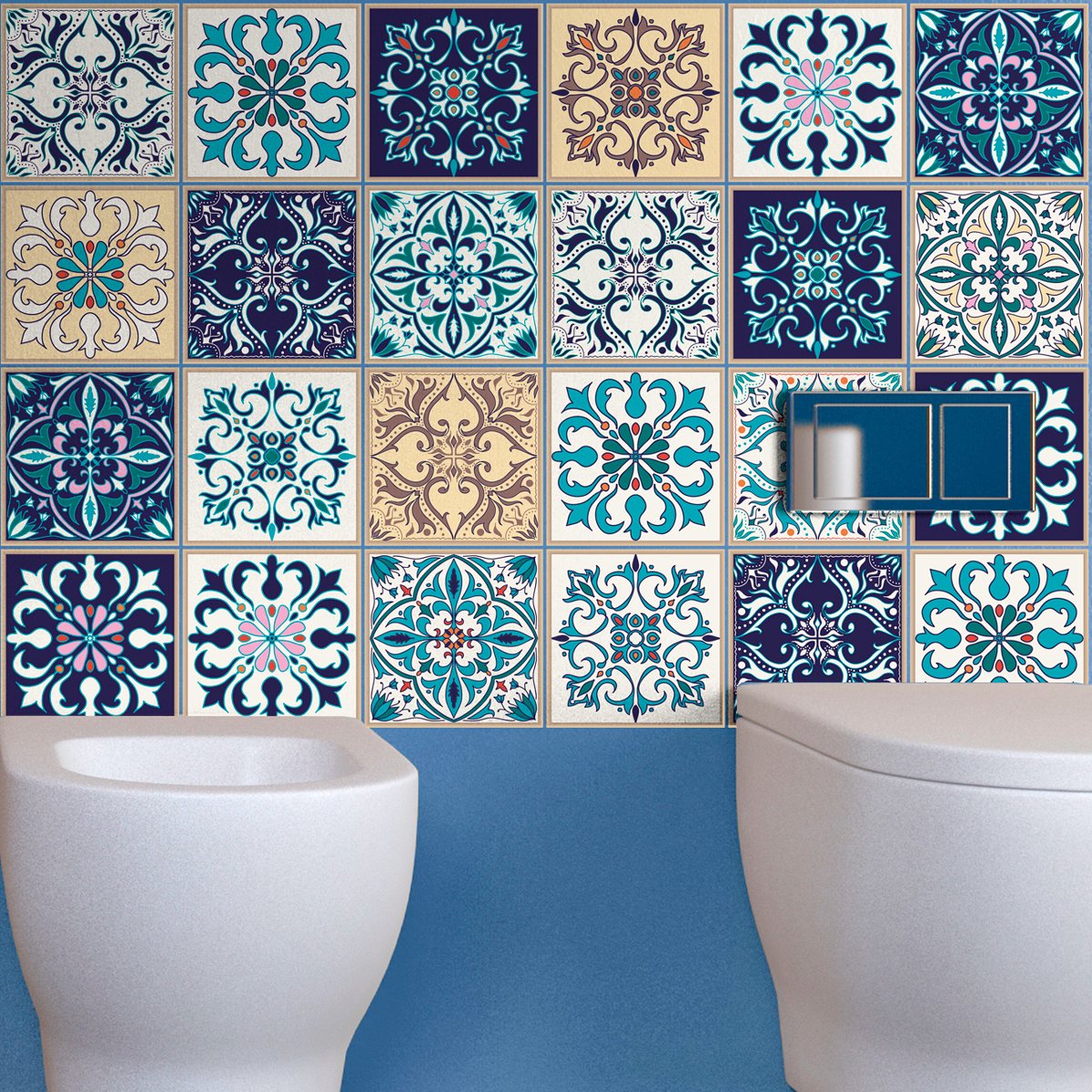 Ambiance Sticker Zelfklevende tegelmuurstickers voor keuken en badkamer - 24 tegelstickers, Azulejos Larissa-stijl - 24 stickers, 10x10 cm Multi color