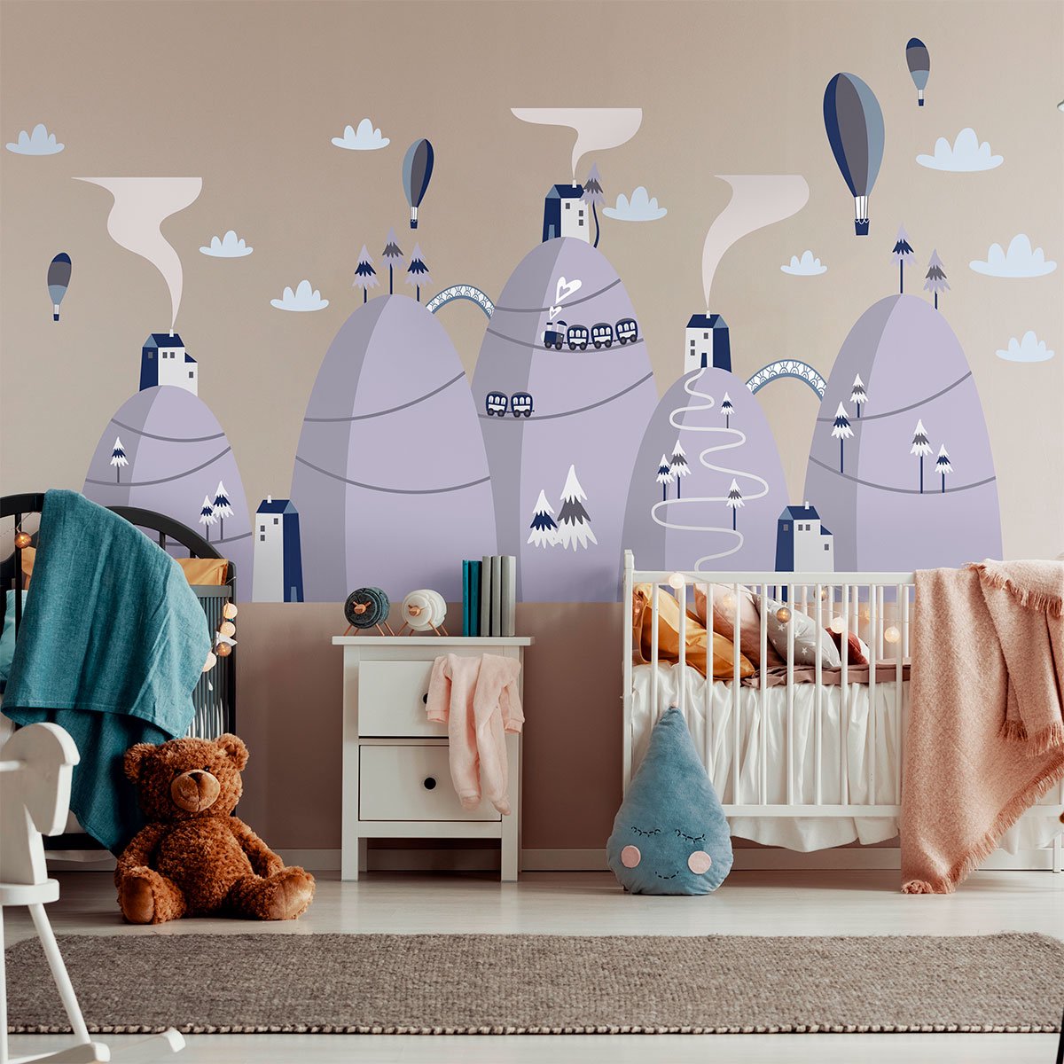 Ambiance Sticker Scandinavische bergstickers met bijzondere heteluchtballonnen, 80 x 120 cm Multi color