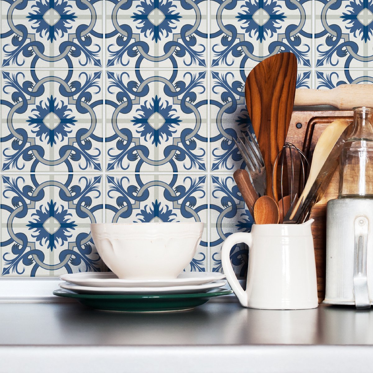 Ambiance Sticker Zelfklevende tegelmuurstickers voor keuken en badkamer - 9 cementtegelstickers, Azulejos Orsino - 9 stickers, 10x10cm Multi color