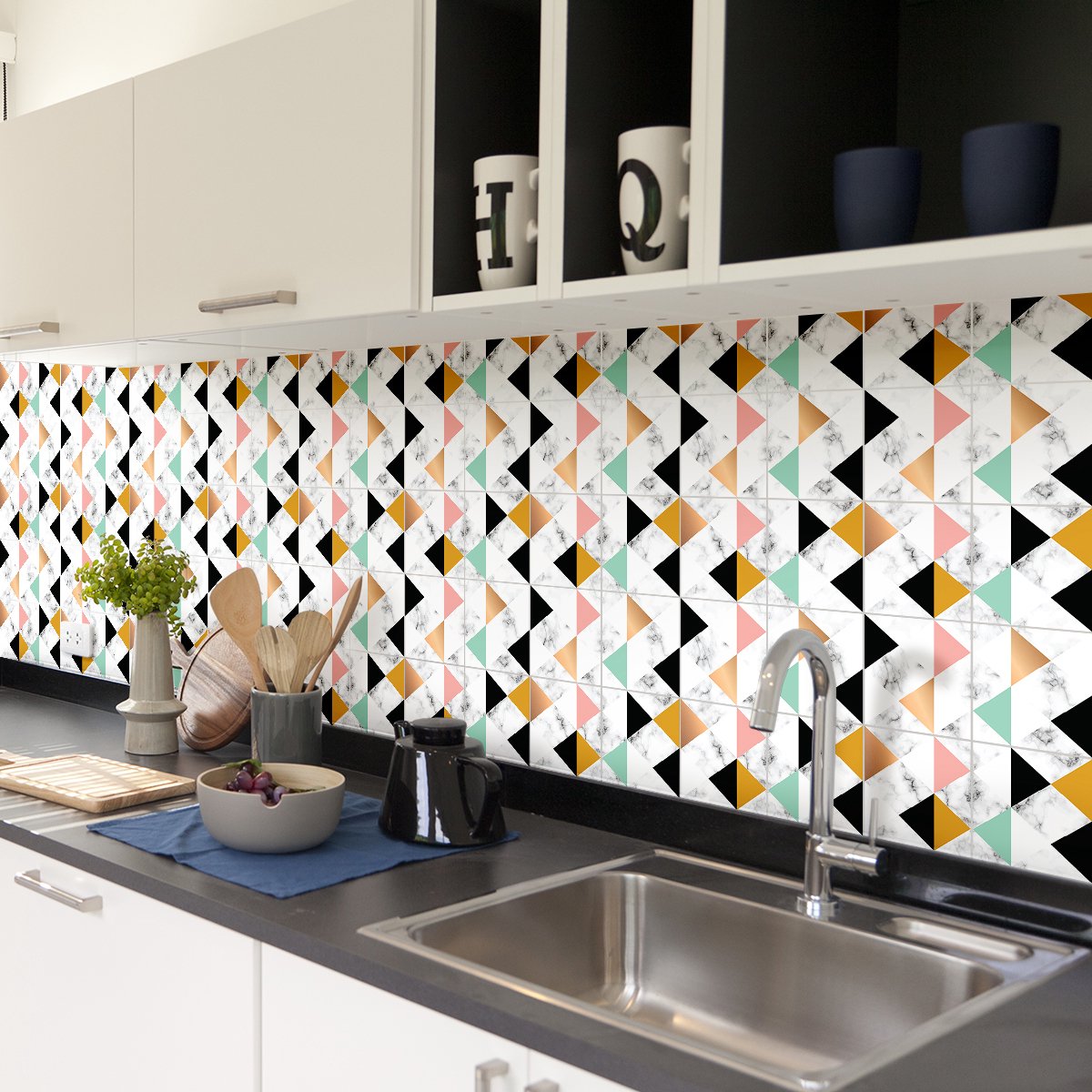 Ambiance Sticker Zelfklevende muurtegelstickers voor keuken en badkamer - 60 luxe cementtegelstickers met marmerlook - 60 stickers van 15x15 cm Multi color