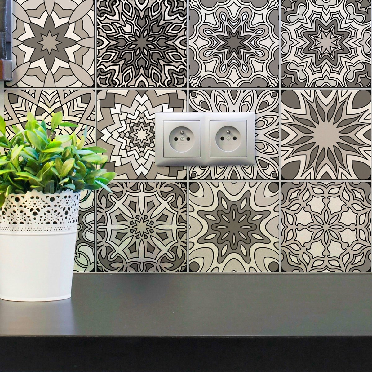 Ambiance Sticker Zelfklevende tegelmuurstickers voor keuken en badkamer - 12 Azulejo tegelstickers in verschillende tinten Reykjavikgrijs - 12 stickers, 20x20cm Multi color