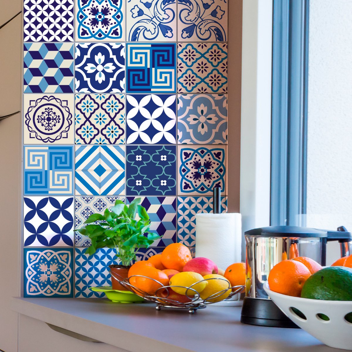 Ambiance Sticker Zelfklevende tegelmuurstickers voor keuken en badkamer - 24 cementtegelstickers (AZULEJOS LENDRO) - 24 stickers, 15x15cm Multi color