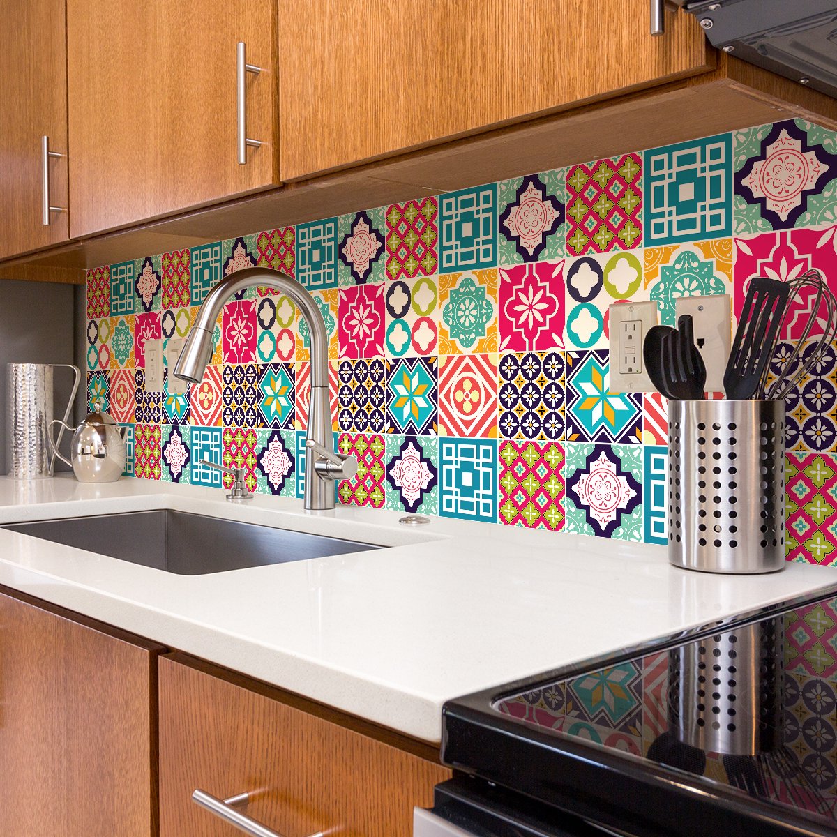 Ambiance Sticker Muurstickers - Zelfklevende tegelmuurstickers voor keuken en badkamer - 9 SADRINIO tegelstickers - 9 stickers 15x15cm Multi color