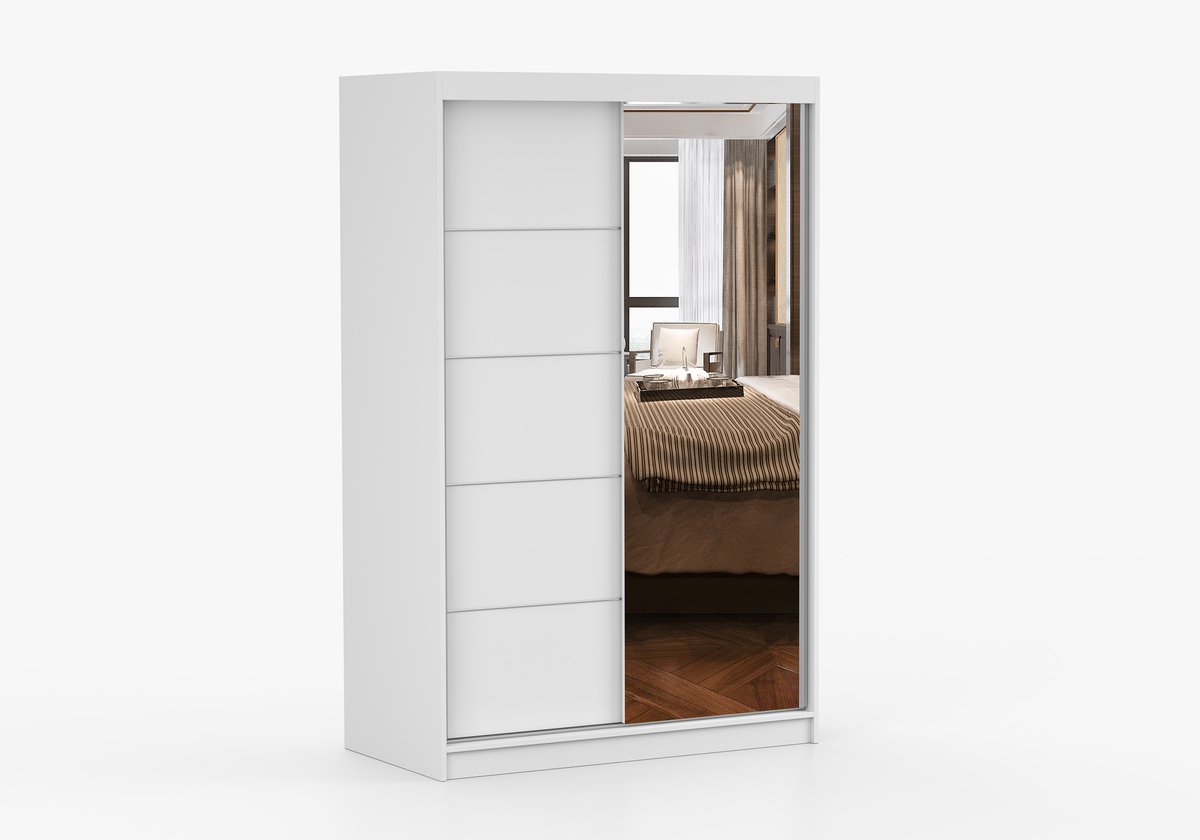 Schuifdeurkast NOAH 05 – 2-deurs kledingkast met spiegel, legplanken en kledingroede – modern design – 120x200x61 cm - NOAH 05 (Wit)