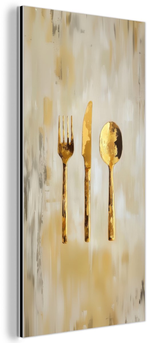 Aluminium schilderij 80x160 cm - Wanddecoratie metaal - Verf - Goud - Bestek - Metalen muu