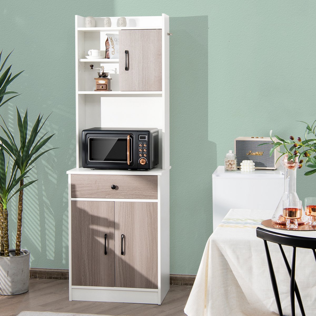 COSTWAY Keukenkast, buffetkast met lade, verstelbare planken en kabelgat, hoge kast keukenhout, grote open ruimte voor magnetron, vrijstaand, 60 x 40 x 180cm — afbeelding 3