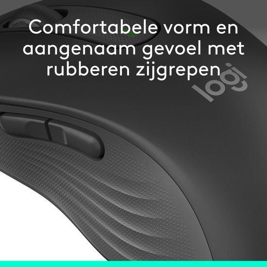 Close-up van de grijze Logitech M650 L muis, met tekst: "Comfortabele vorm en aangenaam gevoel met rubberen zijgrepen".