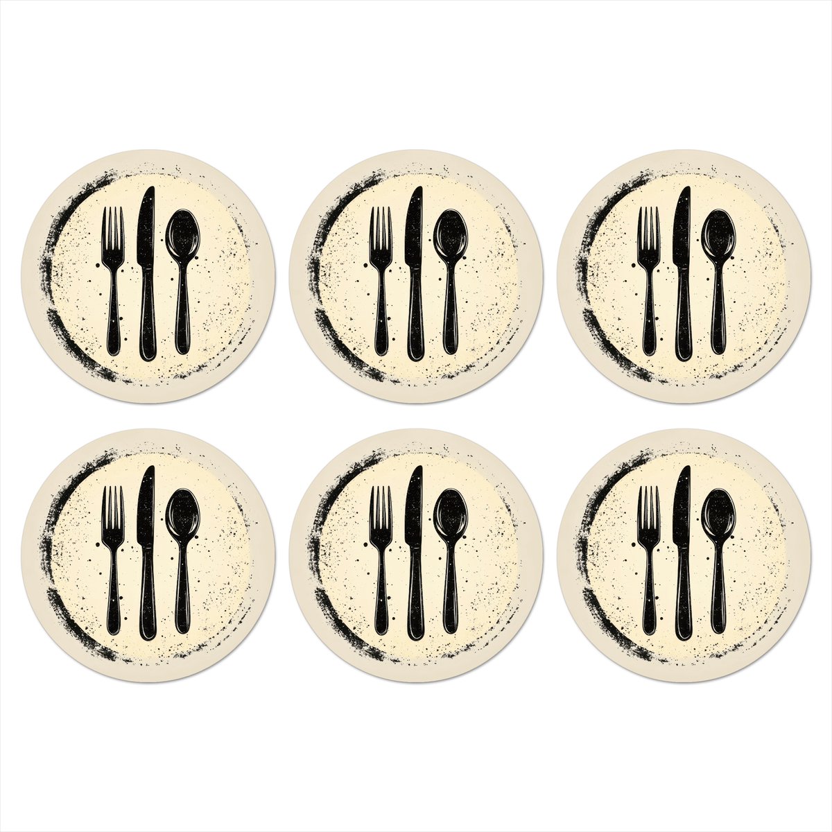 Onderzetters voor glazen - Rond - Zwart - Bestek - Rondje - 10x10 cm - Glasonderzetters - 6 stuks