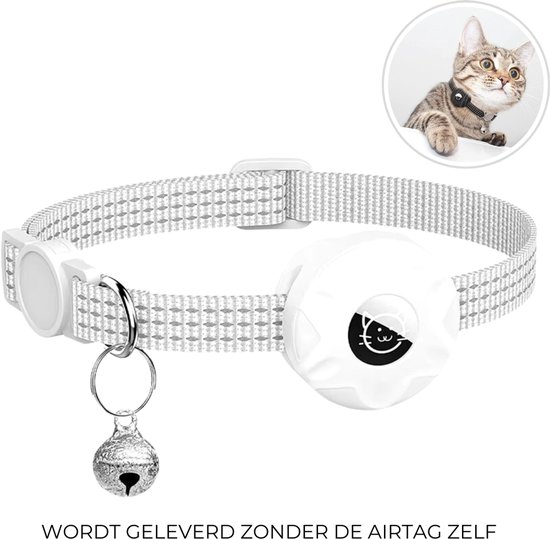 JeBo® - Kattenhalsband met Airtag Houder - Gps Tracker Kat - Airtag Houder - Halsband Kat - Airtag Kat - Reflecterend - Airtag Halsband Kat - Wit