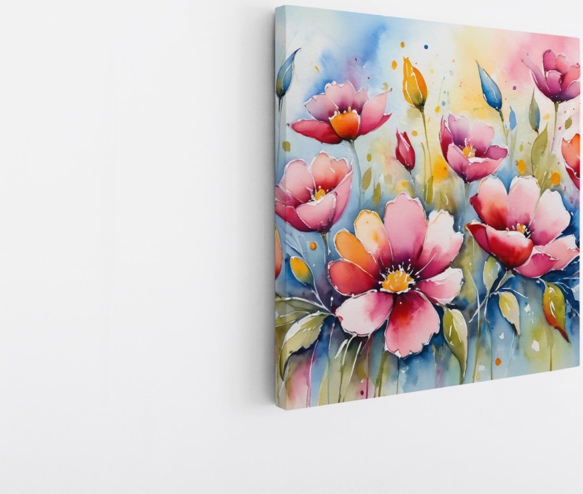 Saammp Canvas Schilderij - Roze Bloemen - Abstract - Kleurijk - 100x100 - Foto op canvas - Wanddecoratie - Muurdecoratie Woonkamer - Kantoor Decoratie Multicolor