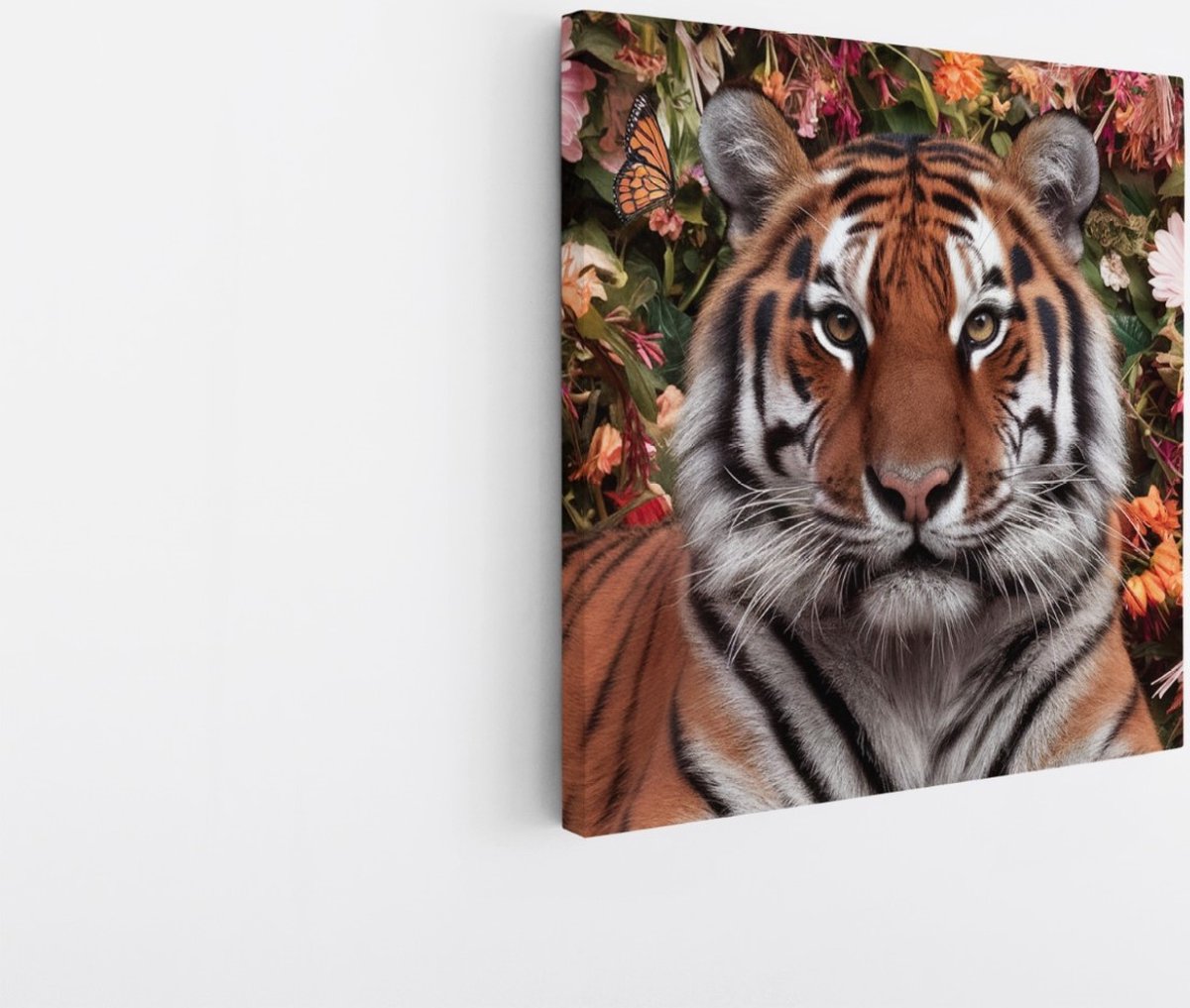 Saammp Canvas Schilderij - Tijger tussen de bloemen - Dieren - 60x60 - Foto op canvas - Wanddecoratie - muurdecoratie Woonkamer - Slaapkamer decoratie - Canvas Print Multicolor