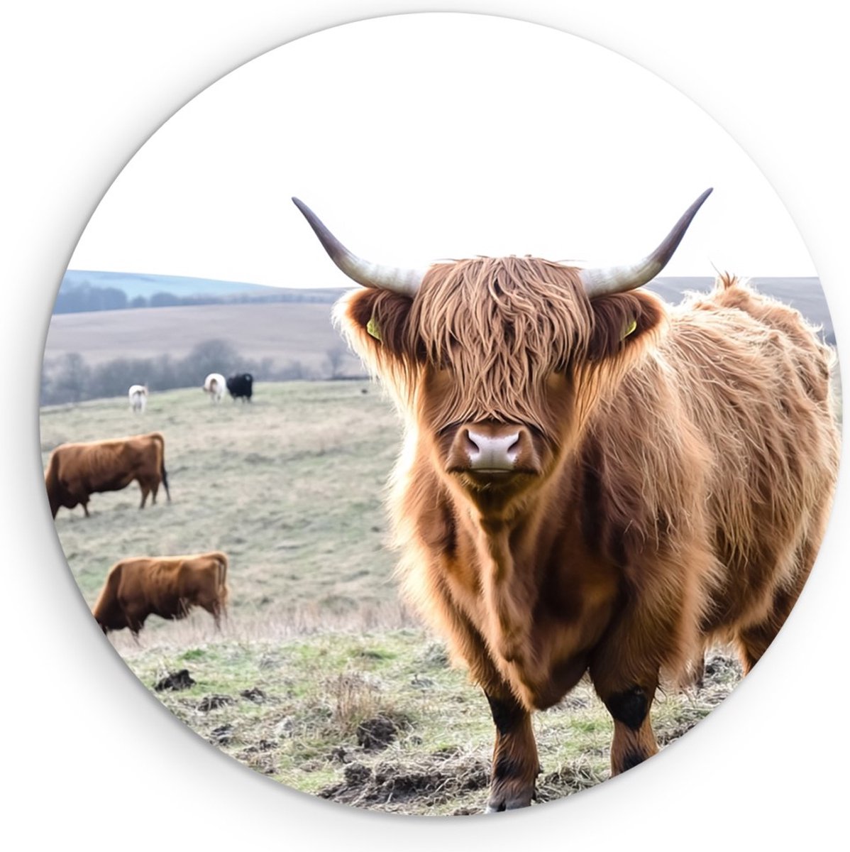 Saammp Muurcirkel Hout Schotse Hooglander Koe in het bevroren gras - Dieren - Natuur - Ø 40 - Wandcirkel - Wanddecoratie Cirkel - muurdecoratie Woonkamer - Slaapkamer decoratie - Rond Schilderij