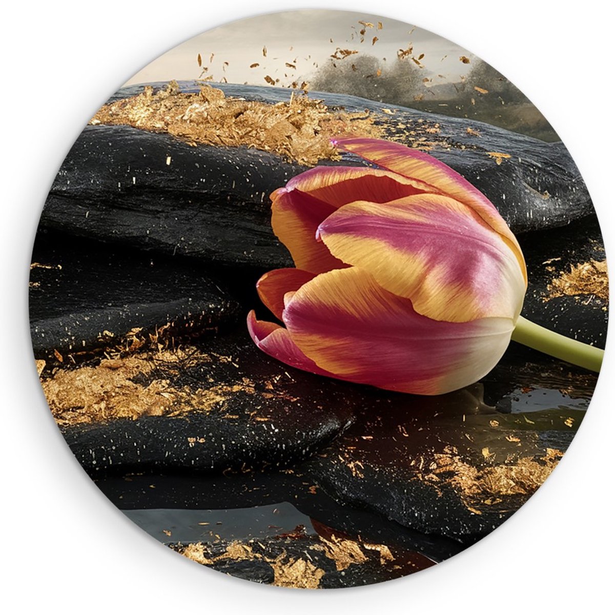 Saammp Muurcirkel Hout - Tulp op Steen - Rust - Abstract - Ø 60 - Wandcirkel - Wanddecoratie Cirkel - Muurdecoratie Woonkamer - Kantoor Decoratie
