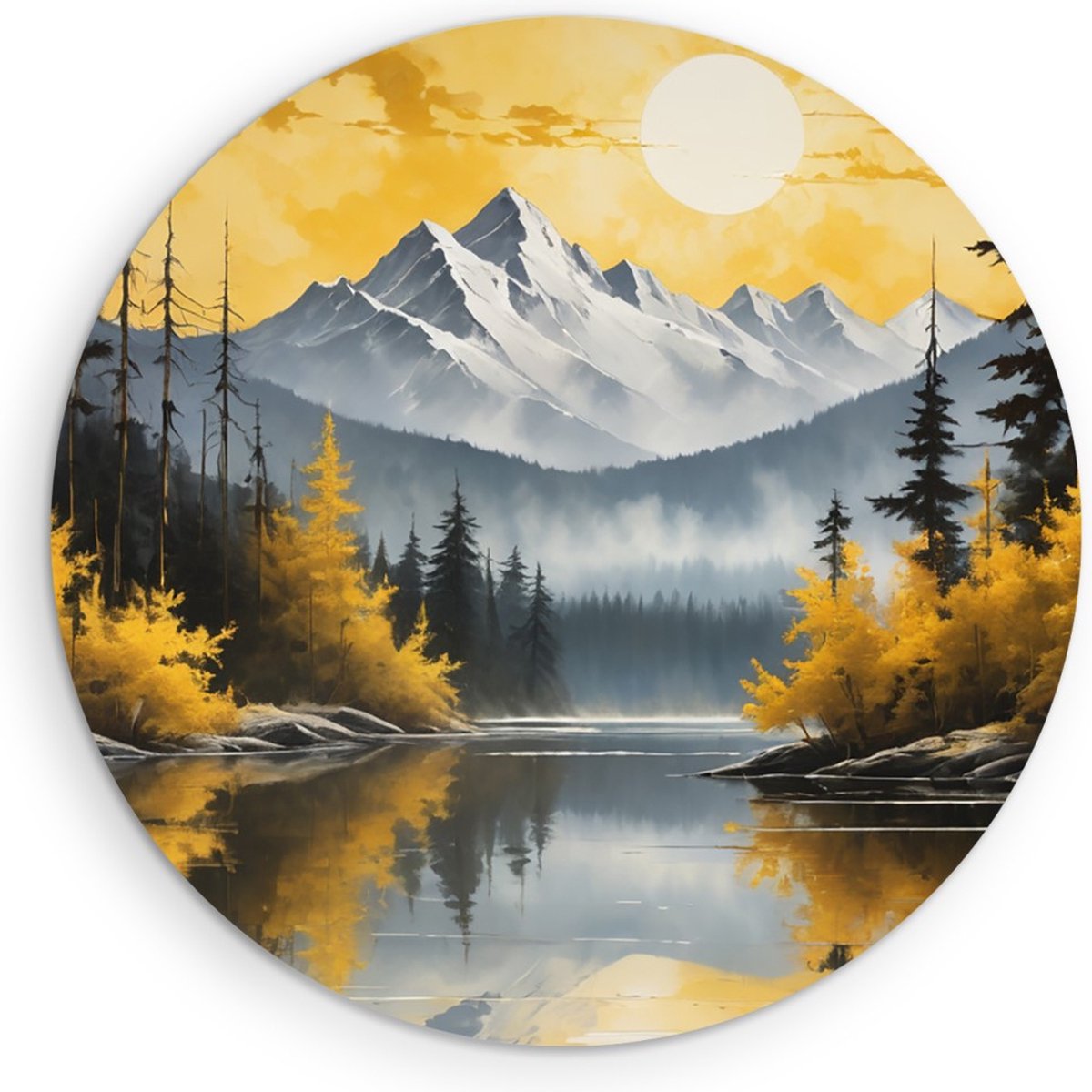 Saammp Muurcirkel Hout - Bergen met zon - Natuur - Landschap - Ø 30 - Wandcirkel - Wanddecoratie Cirkel - Muurdecoratie Woonkamer - Slaapkamer decoratie - Rond Schilderij