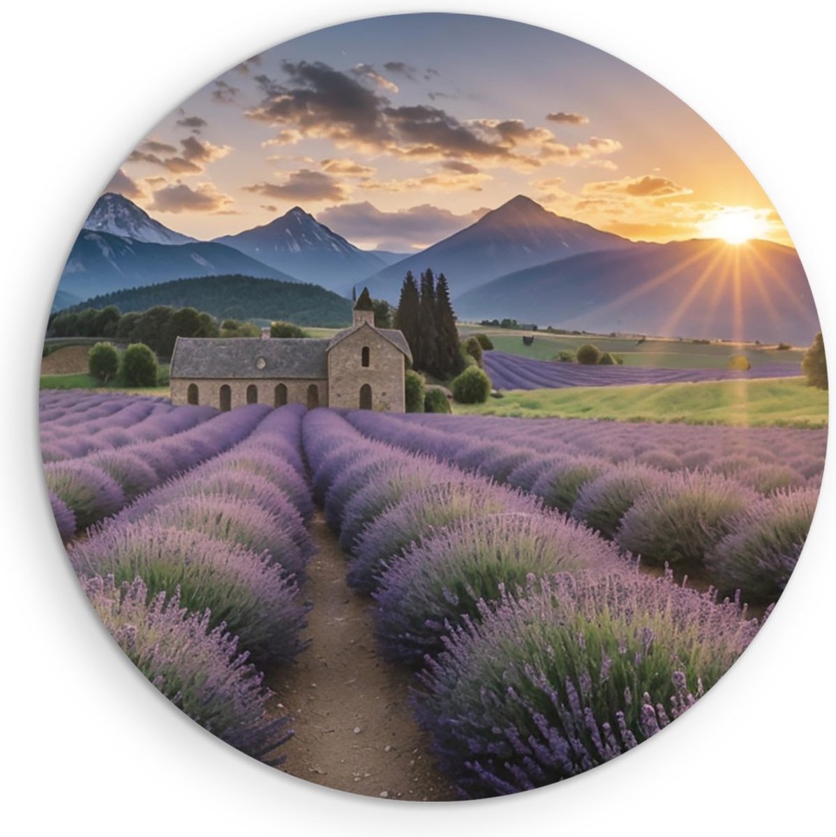 Saammp Muurcirkel Hout - Landschap - Lavendel tusen de bergen - Natuur - Ø 30 - Wandcirkel - Wanddecoratie Cirkel - Muurdecoratie Woonkamer - Slaapkamer decoratie - Rond Schilderij