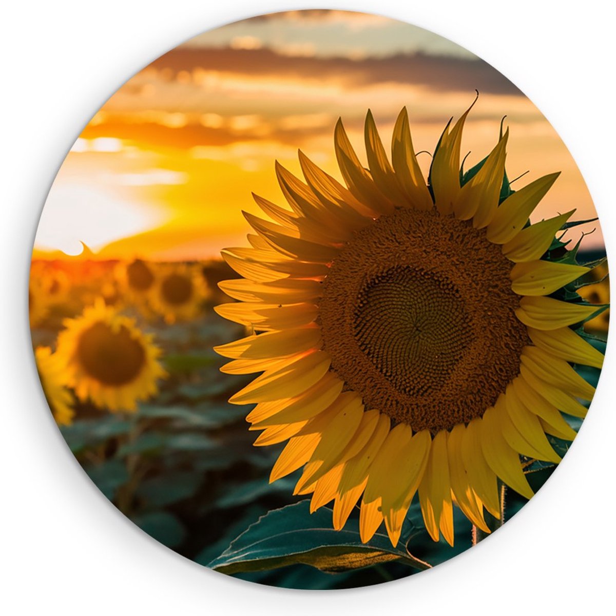 Saammp Muurcirkel Hout - Zonnebloemen - Natuur - Landschap - Ø 70 - Wandcirkel - Wanddecoratie Cirkel - Muurdecoratie Woonkamer - Slaapkamer decoratie - Rond Schilderij