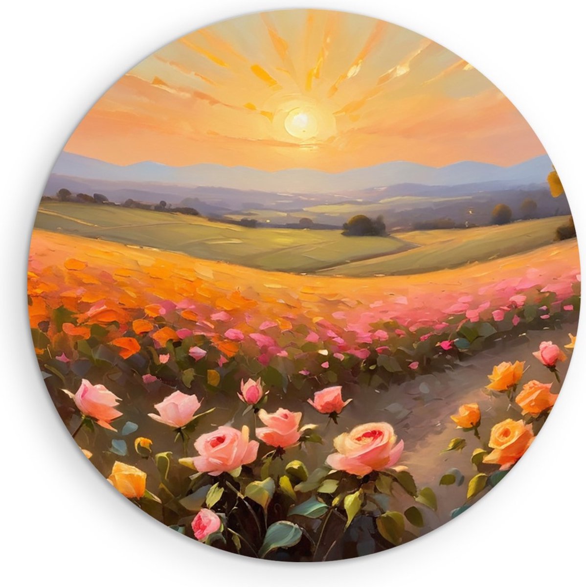 Saammp Forex Muurcirkel - Landschap - Roze Bloemenveld - Abstract - Ø 40 - Wandcirkel - Wa