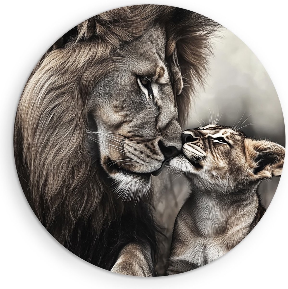 Saammp Forex Muurcirkel - Leeuwen Welp met Vader - liefde - Dieren - Natuur - Ø 30 - Wandcirkel - Wanddecoratie Cirkel - Muurdecoratie Woonkamer - Slaapkamer decoratie - Rond Schilderij