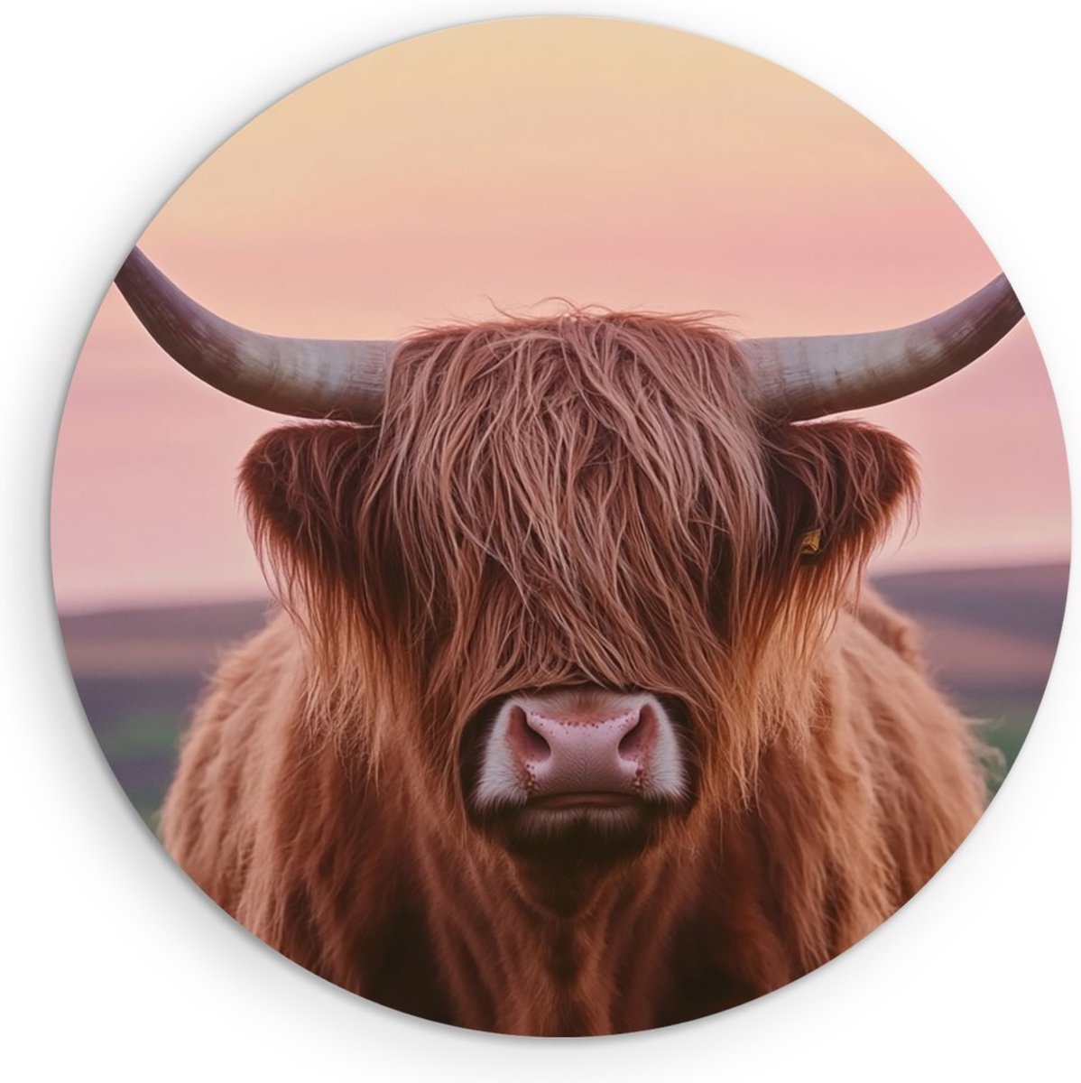 Saammp Muurcirkel Hout - Schotse Hooglander Koe - Zonsondergang - Dieren - Natuur - Ø 30 - Wandcirkel - Wanddecoratie Cirkel - muurdecoratie Woonkamer - Slaapkamer decoratie - Rond Schilderij