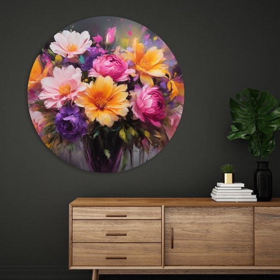 Saammp Muurcirkel Hout - Abstracte bloemen in vaas - kleurrijk - Natuur - Ø 80 - Wandcirkel - Wanddecoratie Cirkel - Muurdecoratie Woonkamer - Kantoor Decoratie