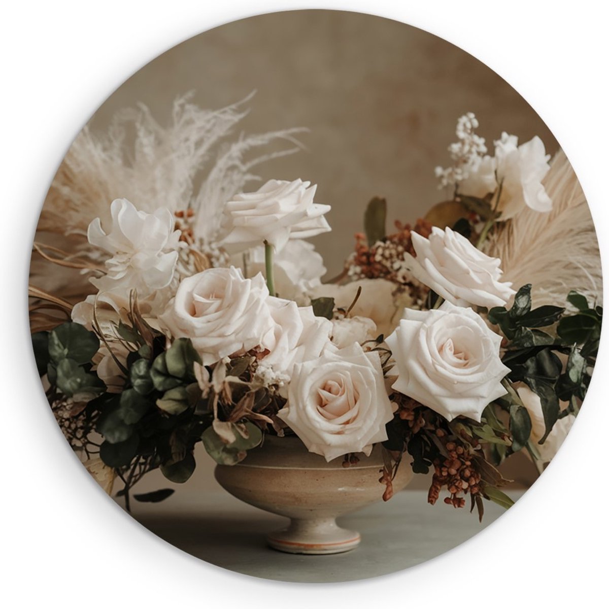 Saammp Muurcirkel Hout - boeket - Witte Bloemen - Abstract - Ø 80 - Wandcirkel - Wanddecoratie Cirkel - Muurdecoratie Woonkamer - Kantoor Decoratie
