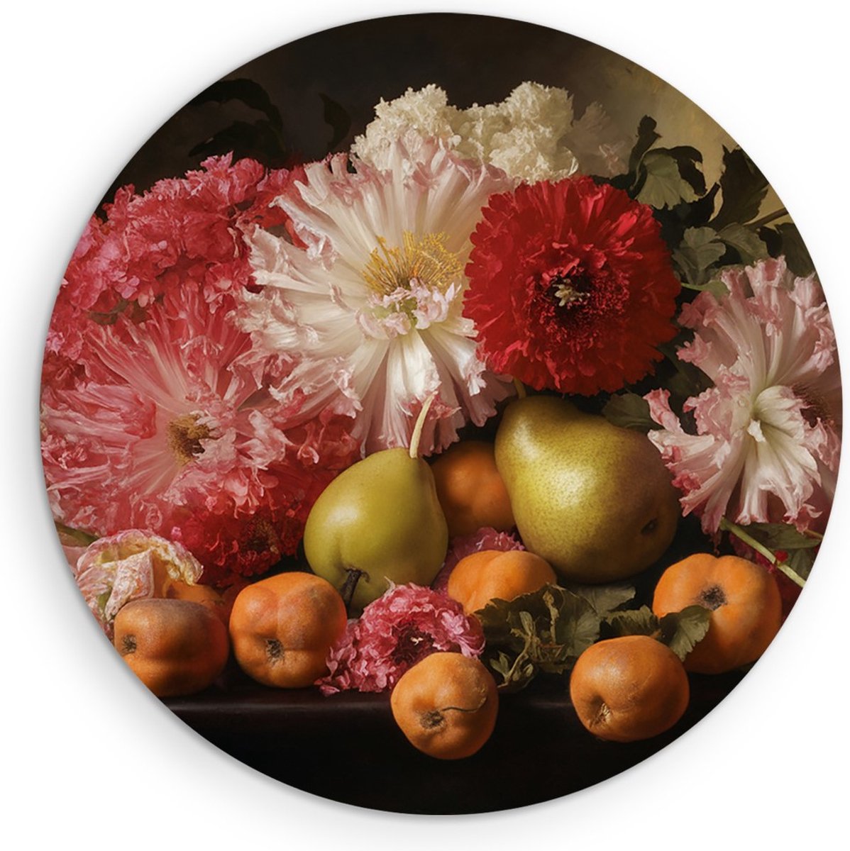 Saammp Muurcirkel Hout - Bloemen en Vruchten - Klassiek Stilleven - Abstract - Ø 80 - Wandcirkel - Wanddecoratie Cirkel - Muurdecoratie Woonkamer - Kantoor Decoratie
