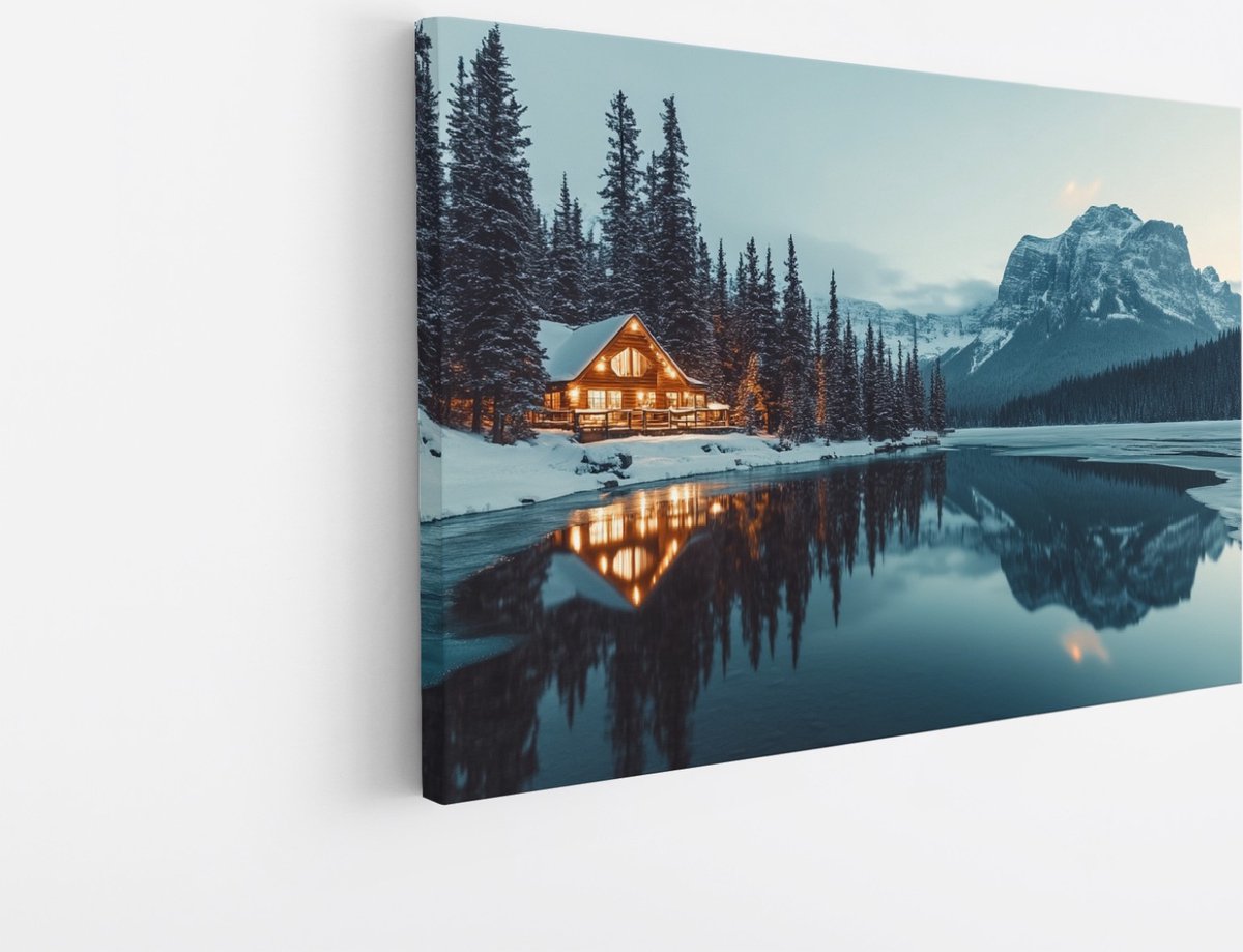 Saammp Canvas Schilderij - Natuur - Huis naast een meer - landschap - 60x40 - Foto op canvas - Wanddecoratie - Muurdecoratie Woonkamer - Slaapkamer decoratie - Canvas Print Multicolor