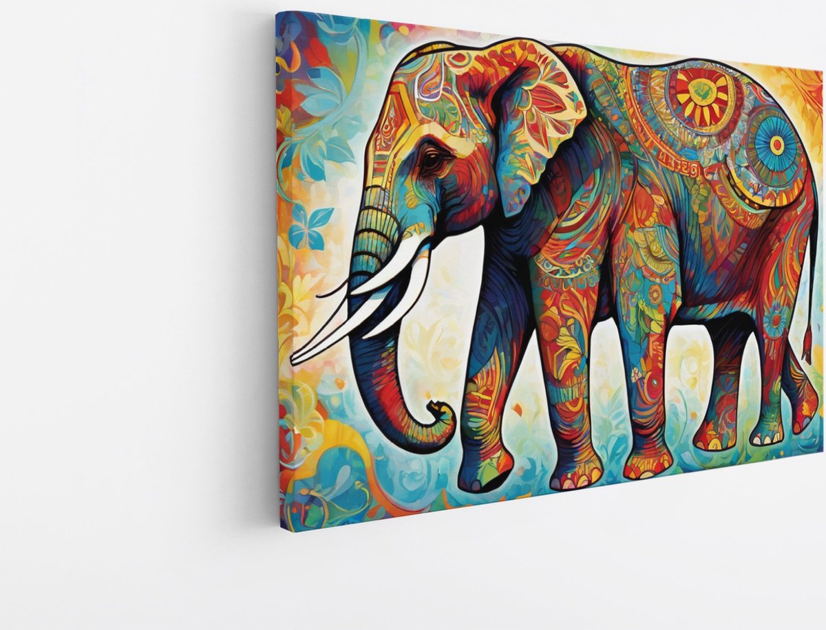 Saammp Canvas Schilderij - Olifant - Kleurrijke kunst - Dieren - 40x30 - Foto op canvas - Wanddecoratie - Muurdecoratie Woonkamer - Slaapkamer decoratie - Canvas Print Multicolor