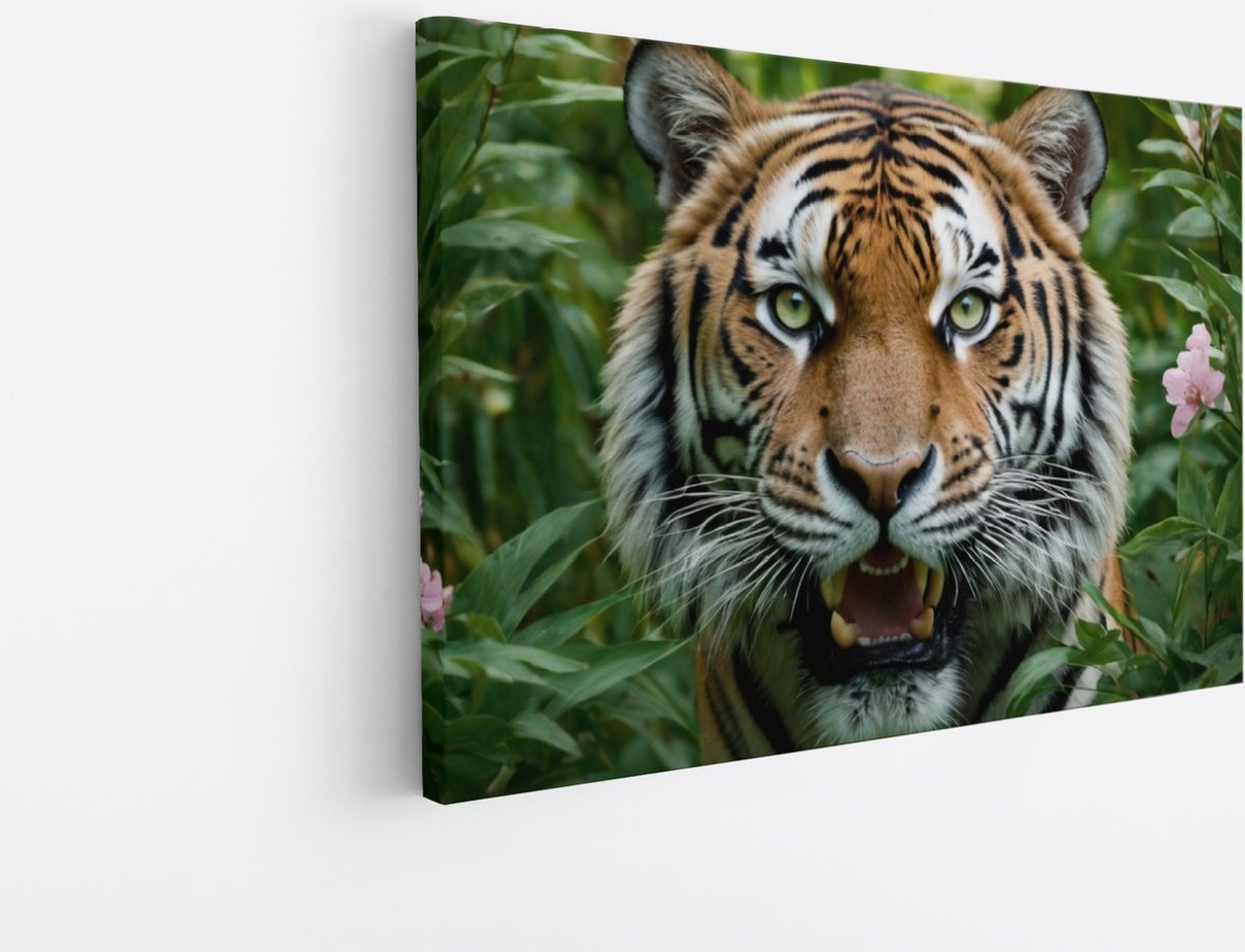 Saammp Canvas Schilderij - Boze Tijger - Natuur - Dieren - 120x80 - Foto op canvas - Wanddecoratie - Muurdecoratie Woonkamer - Slaapkamer decoratie - Canvas Print Multicolor
