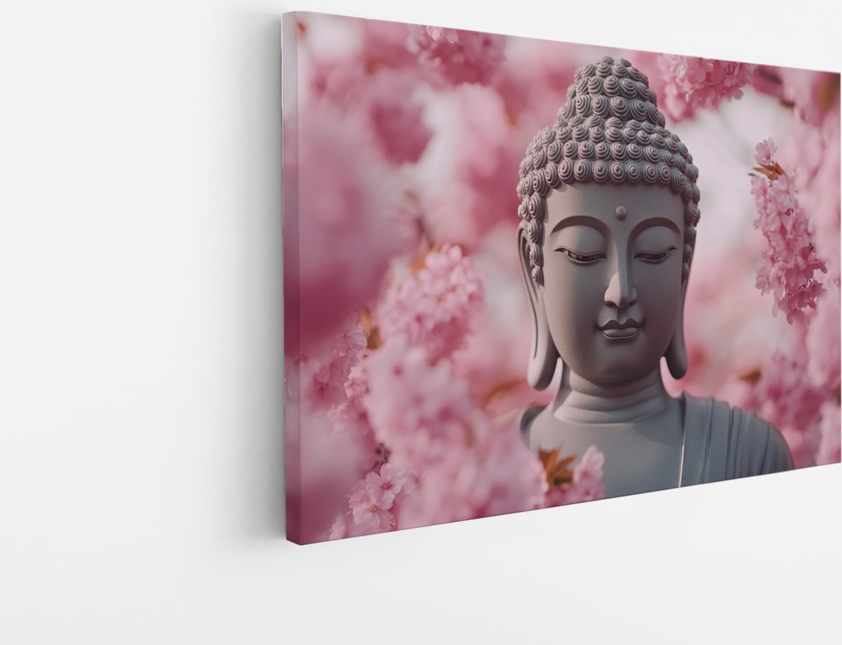 Saammp Canvas Schilderij - Boeddha tussen roze bloesem - 100x75 - Foto op canvas - Wanddecoratie - Muurdecoratie Woonkamer - Canvas schilderijen Multicolor