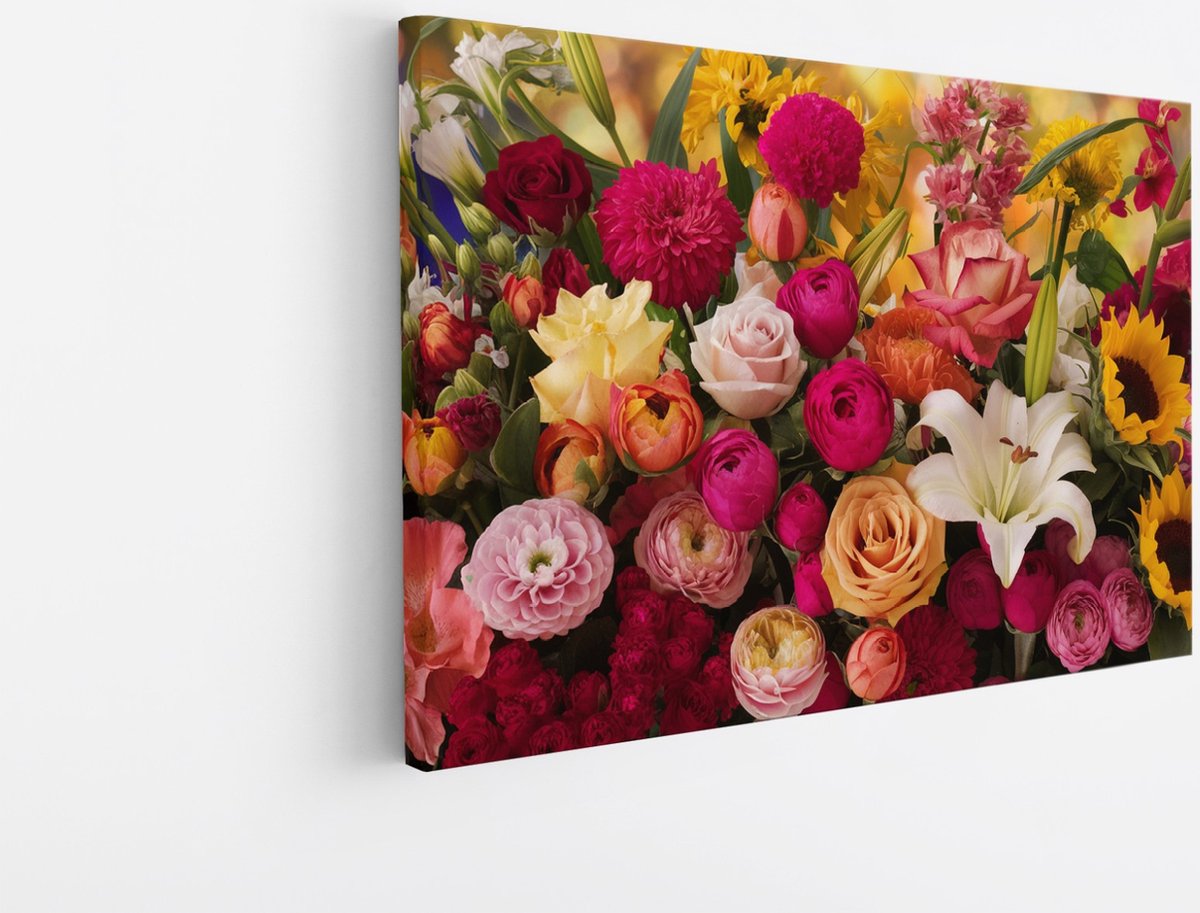 Saammp Canvas Schilderij - Boeket Bloemen - Natuur - Abstract - 50x40 - Foto op canvas - Wanddecoratie - Muurdecoratie Woonkamer - Kantoor Decoratie Multicolor