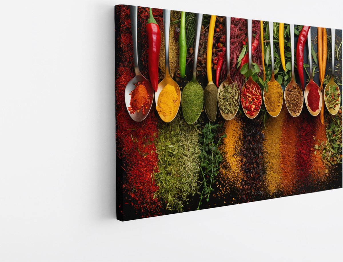 Saammp Canvas Schilderij - Lepels met kruiden - 150x100 - Foto op canvas - Wanddecoratie - Muurdecoratie keuken - Slaapkamer decoratie - Canvas Print Multicolor