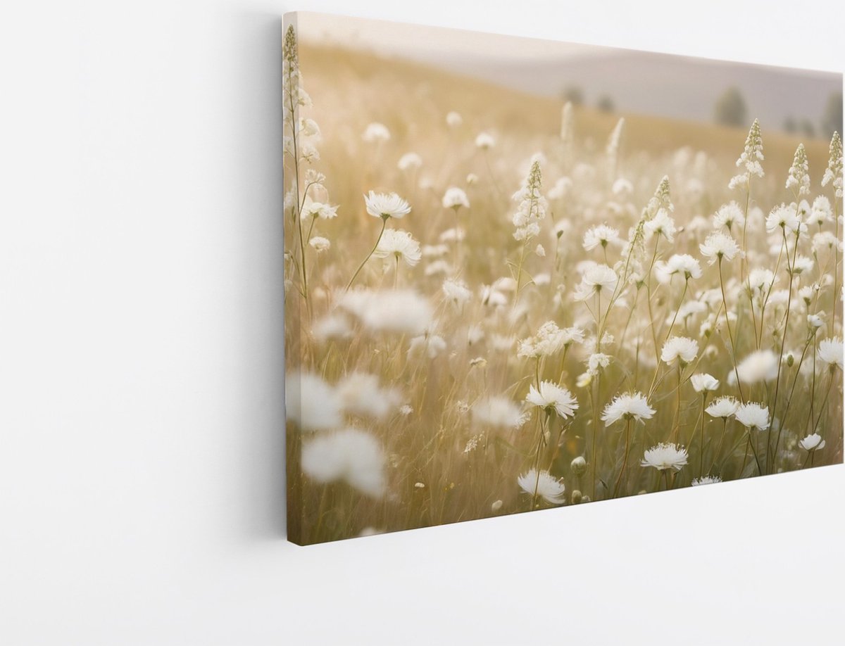 Saammp Canvas Schilderij - Landschap - Wit - Bloemen van dichtbij - Natuur - 40x30 - Foto op canvas - Wanddecoratie - Muurdecoratie Woonkamer - Slaapkamer decoratie - Canvas Print Multicolor